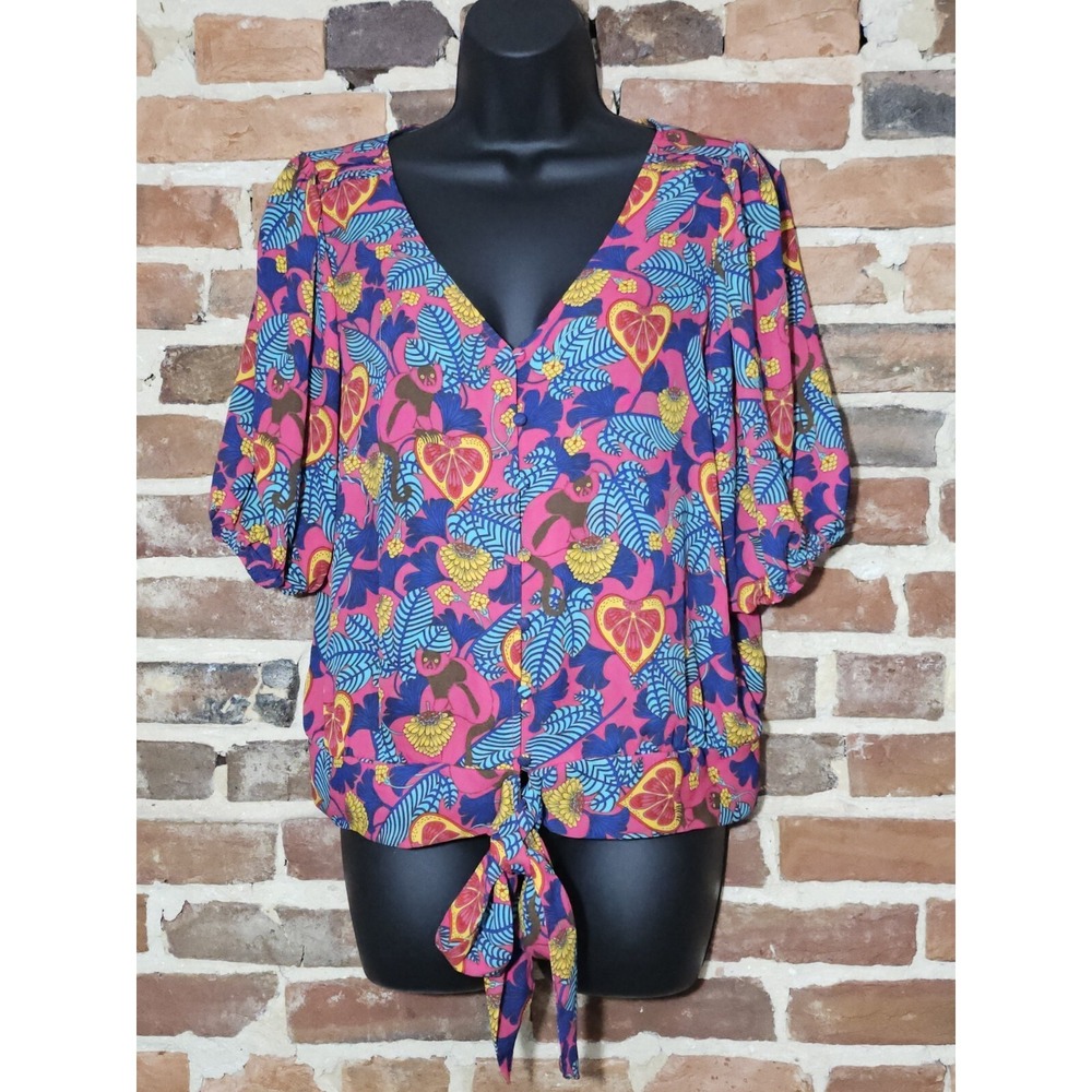 Rose + Olive Top Womens‎ Floral Flowy 3/4 Sleeve V Neck Bottom Front Tie Sz M